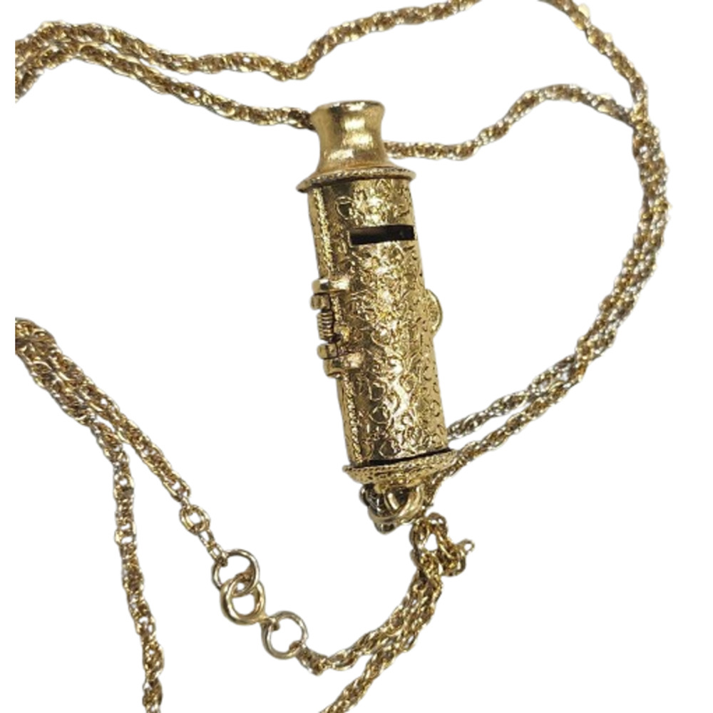 Rare Vtg 1970s  Max Factor Solid Perfume Gold Tone Whistle Pendant Necklace - Picture 3 of 6